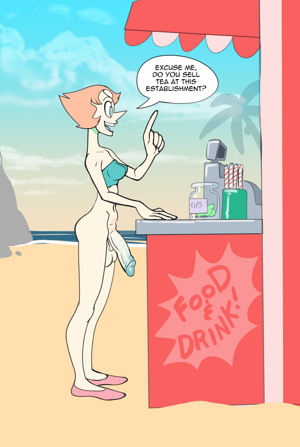 big_penis casual_nudity flaccid_penis futanari futanari hanging_penis light-skinned_futanari pearl_(steven_universe) public_nudity standing steven_universe text yellowjackinit