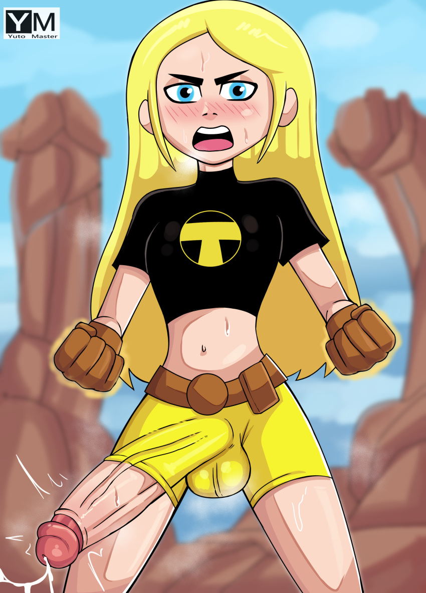 2022 big_penis blonde_hair blue_eyes blush cartoon_network cosplay dc_comics dickgirl erection_under_clothes futa_only futanari glans large_penis long_hair open_mouth penis penis_out penis_through_leghole precum retracted_foreskin simple_background solo_futa standing sweat teen_titans teen_titans_go terra villain yutomaster