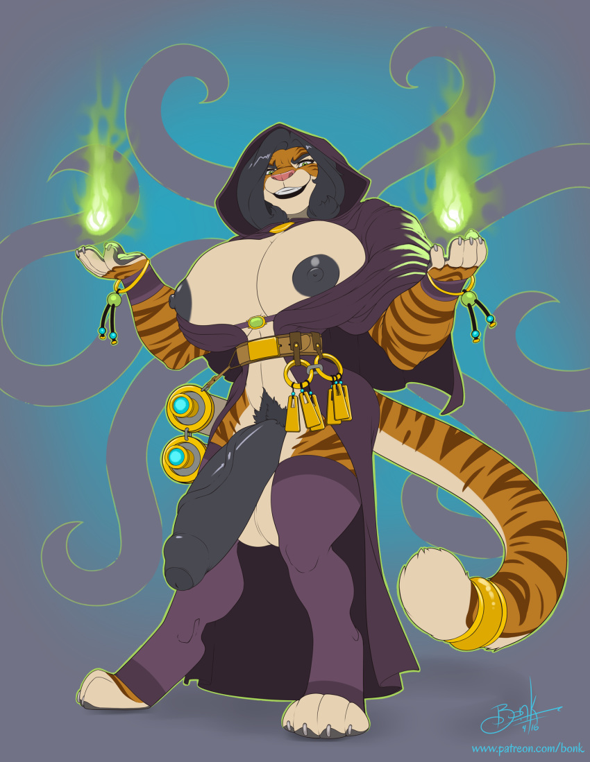 1girl 2016 4_toes 5_fingers anthro areola big_balls big_breasts big_penis black_hair black_nipples bonk_(artist) bracelet breasts claws clothed clothing clothing_lift collar corruption dickgirl digital_media_(artwork) digitigrade eyebrows fantasy feline fingerless_(marking) fire flaccid front_view fur furry gradient_background green_eyes grin hair high_res huge_balls huge_breasts huge_penis humanoid_penis hyper intersex jewelry long_hair looking_at_viewer magic magic_user mammal multicolored_fur multicolored_tail navel nipples original partially_retracted_foreskin penis pink_nose ponytail robes scrolls shirt shirt_lift simple_background smile smirk spiked_bracelet spikes stripes tentacle testicles thick_bottom_lip tiger toe_claws toeless_(marking) toes uncut vein zhali
