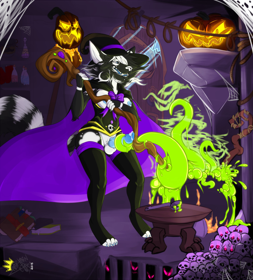 1girl animal_genitalia animal_penis anthro breasts canine canine_penis captainchaos clothed clothing dickgirl erection furry halloween holidays intersex knot mammal nipples penis precum staff standing tentacle testicles