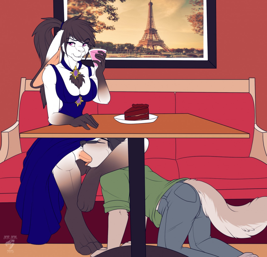 anthro cake canine clothed clothing dickgirl dickgirl/male domination erection fellatio food furry humanoid_penis intersex intersex/male jackiejackal lagomorph male mammal open_mouth oral penis rabbit sex sitting smile