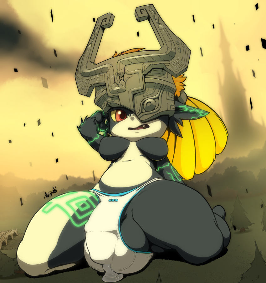 2016 argento big_breasts big_testicles black_fur black_skin blonde_hair bow breasts bulge clothed clothing cum cum_through_clothing cum_through_underwear dickgirl fangs fur hair highres humanoid intersex inverted_nipples kneeling long_hair looking_at_viewer mask midna navel nintendo nipples outside panties penis red_eyes solo teeth testicles the_legend_of_zelda thick_thighs topless twili twilight_princess underwear video_games white_skin