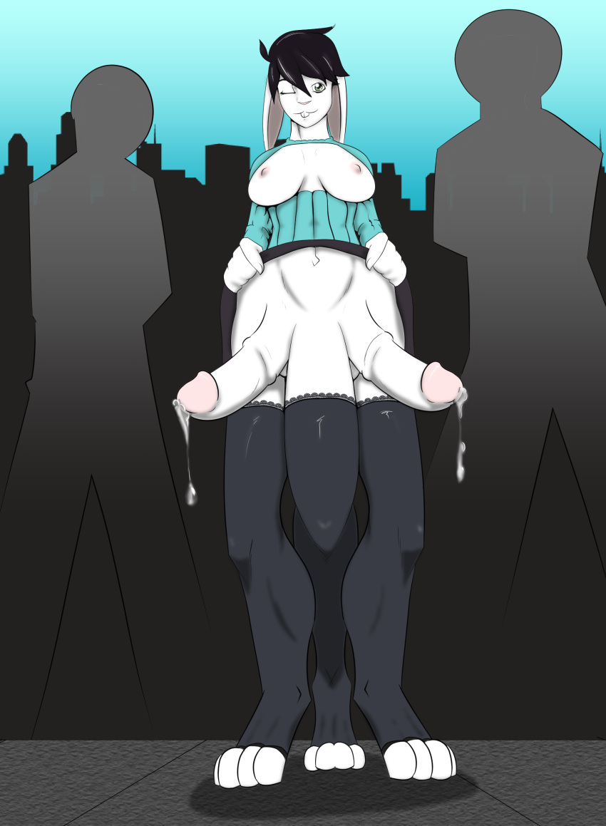 animal_genitalia animal_penis anthro breasts cum dickgirl dripping equine_penis furry intersex lagomorph laquine mammal multi_leg multi_limb multi_penis multiple_penises penis rabbit spicedevil