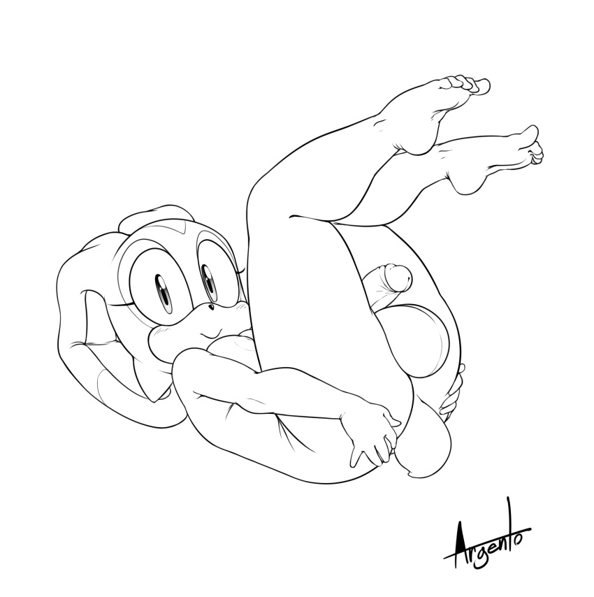 1girl argento ass breasts cream_the_rabbit dickgirl feet highres intersex lagomorph line_art looking_at_viewer lying mammal nipples on_back penis presenting rabbit sega smile testicles