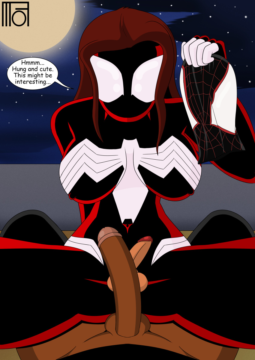 1boy 1futa big_breasts big_penis brown_eyes brown_hair dark_skin dialogue dickgirl frottage frotting futanari intersex jessica_drew jessica_drew_(ultimate_marvel) male_on_futa mask masked miles_morales moffoffo moon spider-man spider-man_(miles_morales) spider-man_(series) spider-man_unlimited spider-woman spider-woman_(jessica_drew) style_emulation style_imitation style_parody