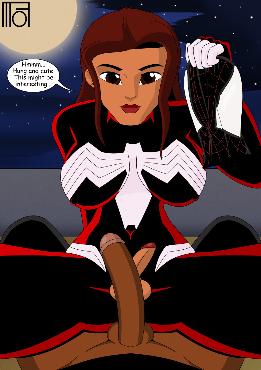 1boy 1futa big_breasts big_penis brown_eyes brown_hair dark_skin dialogue dickgirl frottage frotting futanari intersex jessica_drew jessica_drew_(ultimate_marvel) male_on_futa mask masked miles_morales moffoffo moon spider-man spider-man_(miles_morales) spider-man_(series) spider-man_unlimited spider-woman spider-woman_(jessica_drew) style_emulation style_imitation style_parody