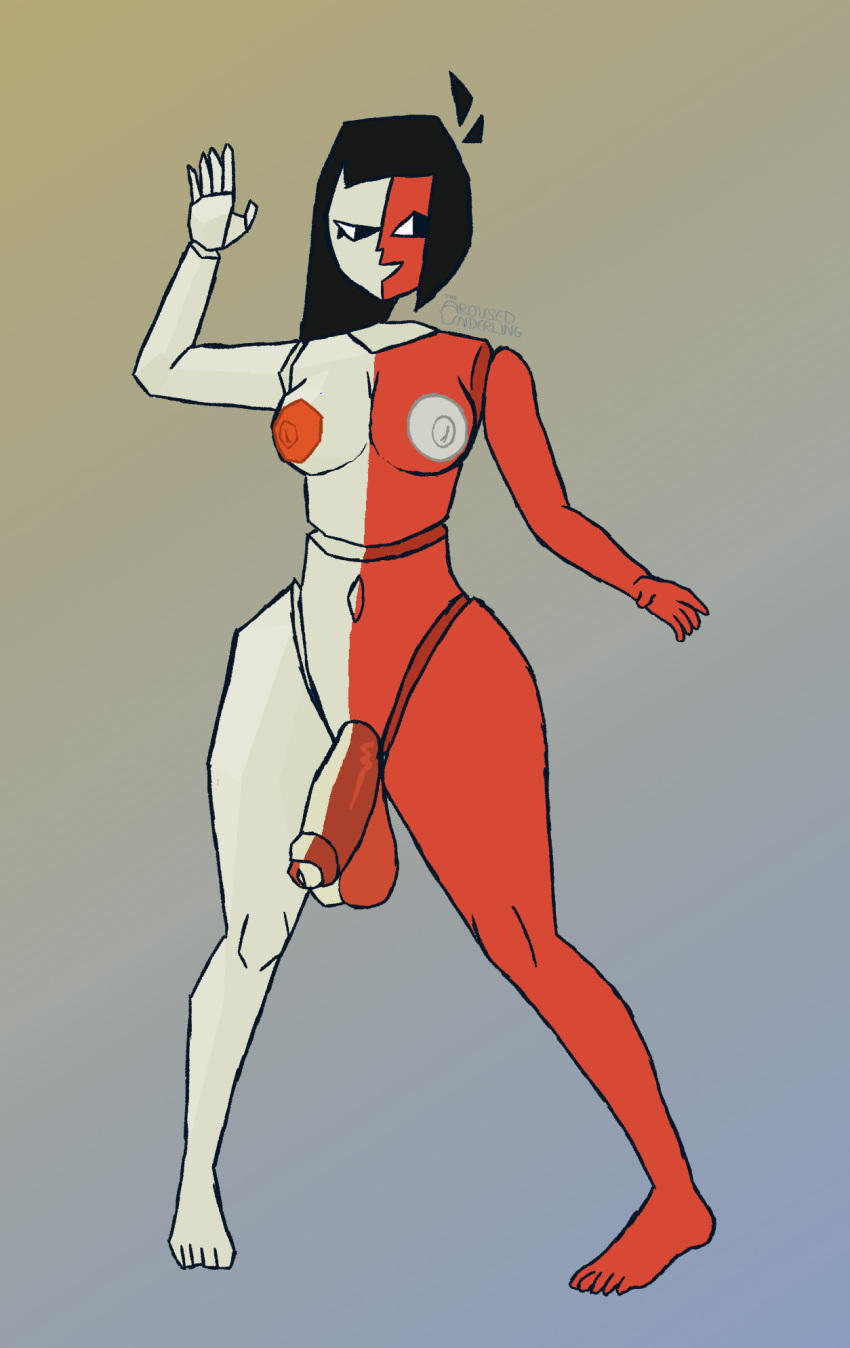 arousedunderling balls black_hair dickgirl ena ena_(series) grey_body grey_nipples nude penis red_body red_nipples