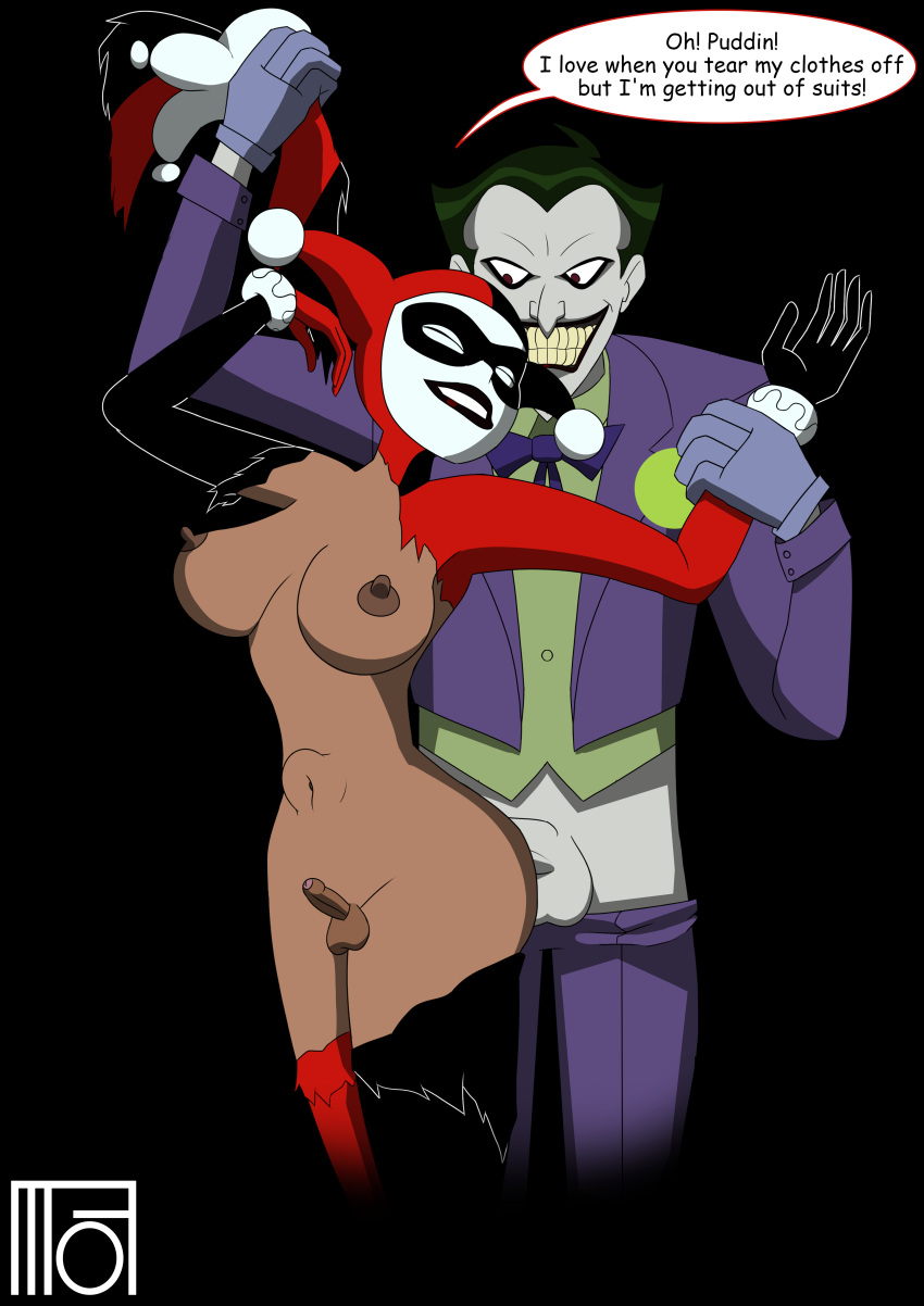 1boy 1futa anal anal_insertion anal_penetration anal_sex batman:_the_animated_series batman_(series) blue_eyes cum cum_inside dc_comics dcau dialogue dickgirl futanari harley_quinn harley_quinn_(classic) intersex justice_league justice_league_unlimited lipstick makeup male/dickgirl male/intersex male_on_futa moffoffo pale_skin ripped_clothes ripped_clothing ripping_clothes ripping_clothing the_joker