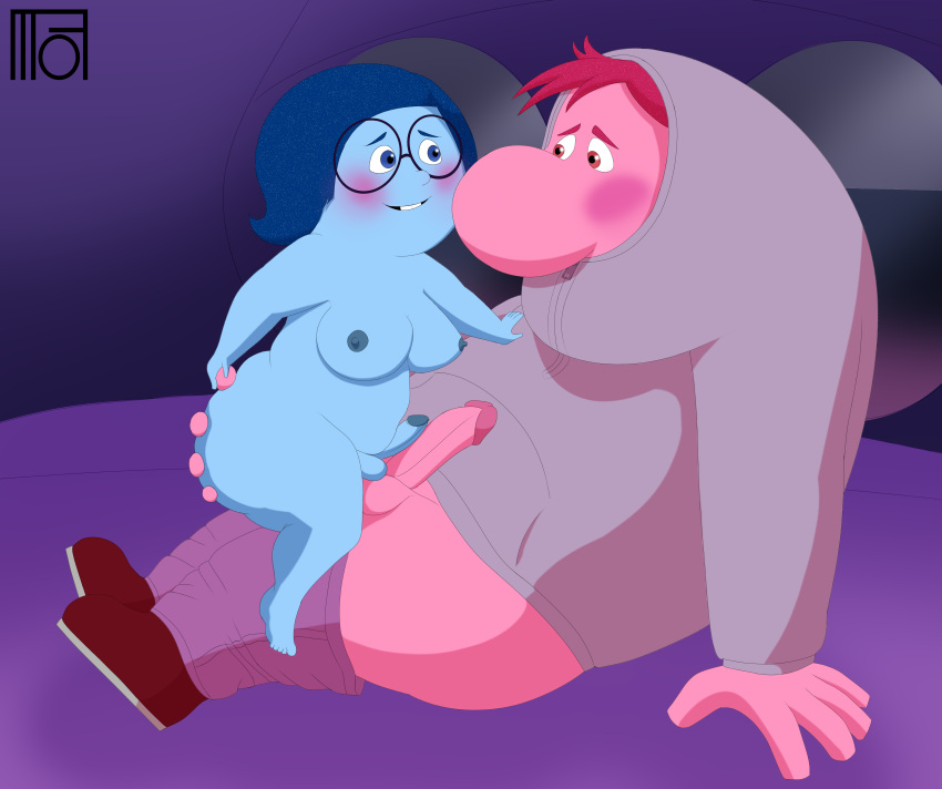 1boy 1futa big_ass big_nose big_penis blue_hair blue_skin blush blush cute dickgirl embarrassment embarrassment_(inside_out) frot frottage frotting futanari glasses intersex looking_at_partner looking_pleasured male_on_futa moffoffo overweight penis pink_hair pink_skin sadness_(inside_out) touching_penis