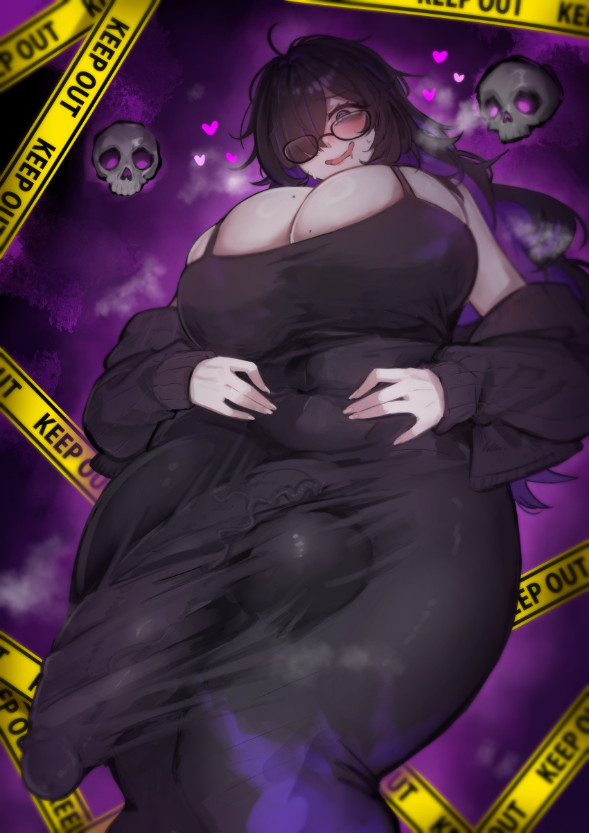 1girl absurd_res black_cardigan black_hair breasts bulge cardigan colored_inner_hair dress drooling erection erection_under_clothes floating_skull full-package_futanari futanari goddess_of_victory:_nikke high_res huge_breasts huge_cock label_(nikke) messy_hair mojyo mole mole_on_breast multicolored_hair nervous_smile no_panties open_mouth pale_skin penis pillowgiff purple_eyes purple_streaks saliva smile taut_clothes taut_dress