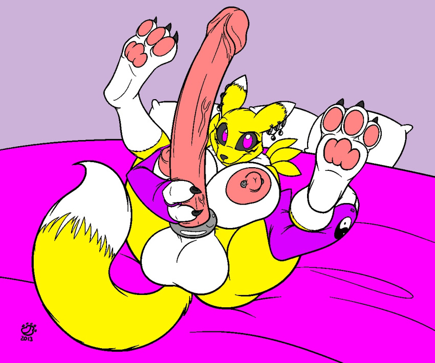 2013 3_toes badgerben big_breasts big_testicles breasts canine cock_ring dickgirl digimon ear_piercing elbow_gloves fox full_body futanari gloves hyper_penis intersex nipple_piercing nipples piercing pillow renamon tail testicles